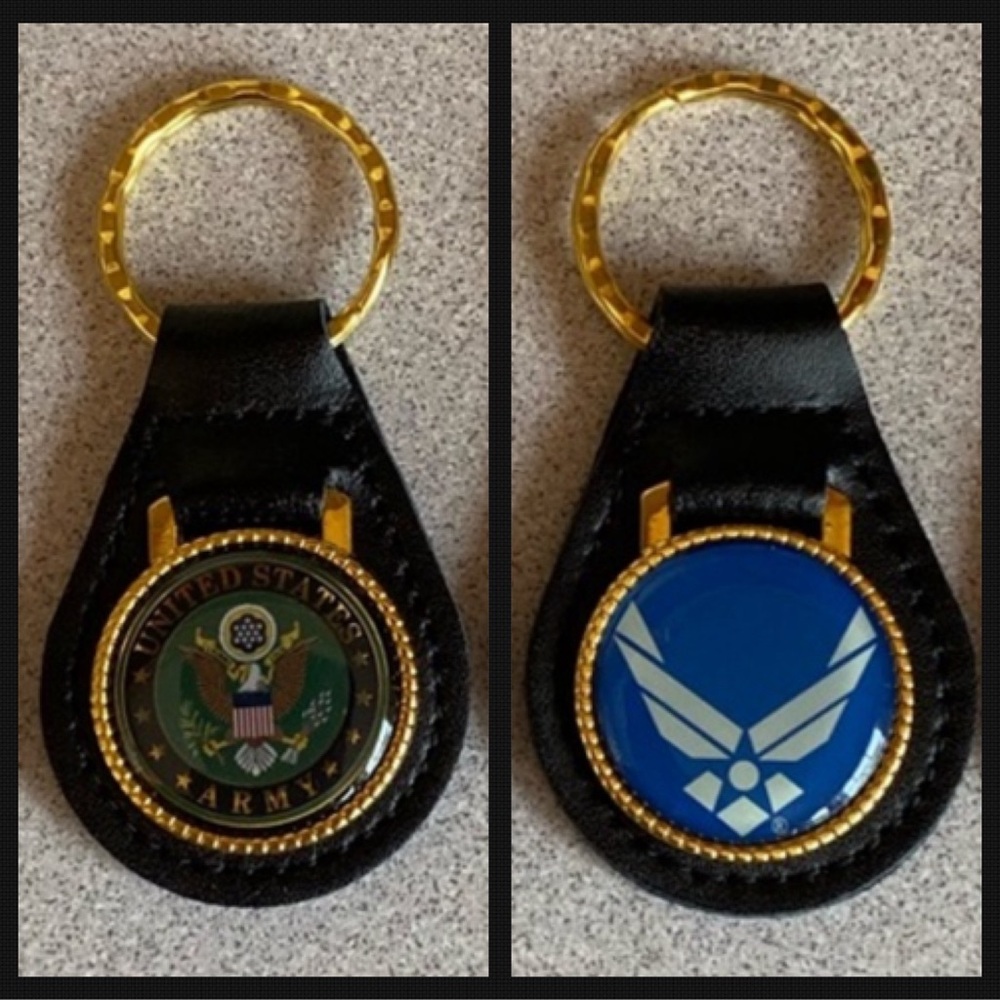 Military Emblem Keychain Challenge Coins w Leather Keyring Army or Air Force USA
